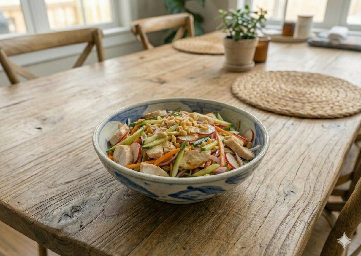 סלט בתוספת עוף בקערת הגשה.