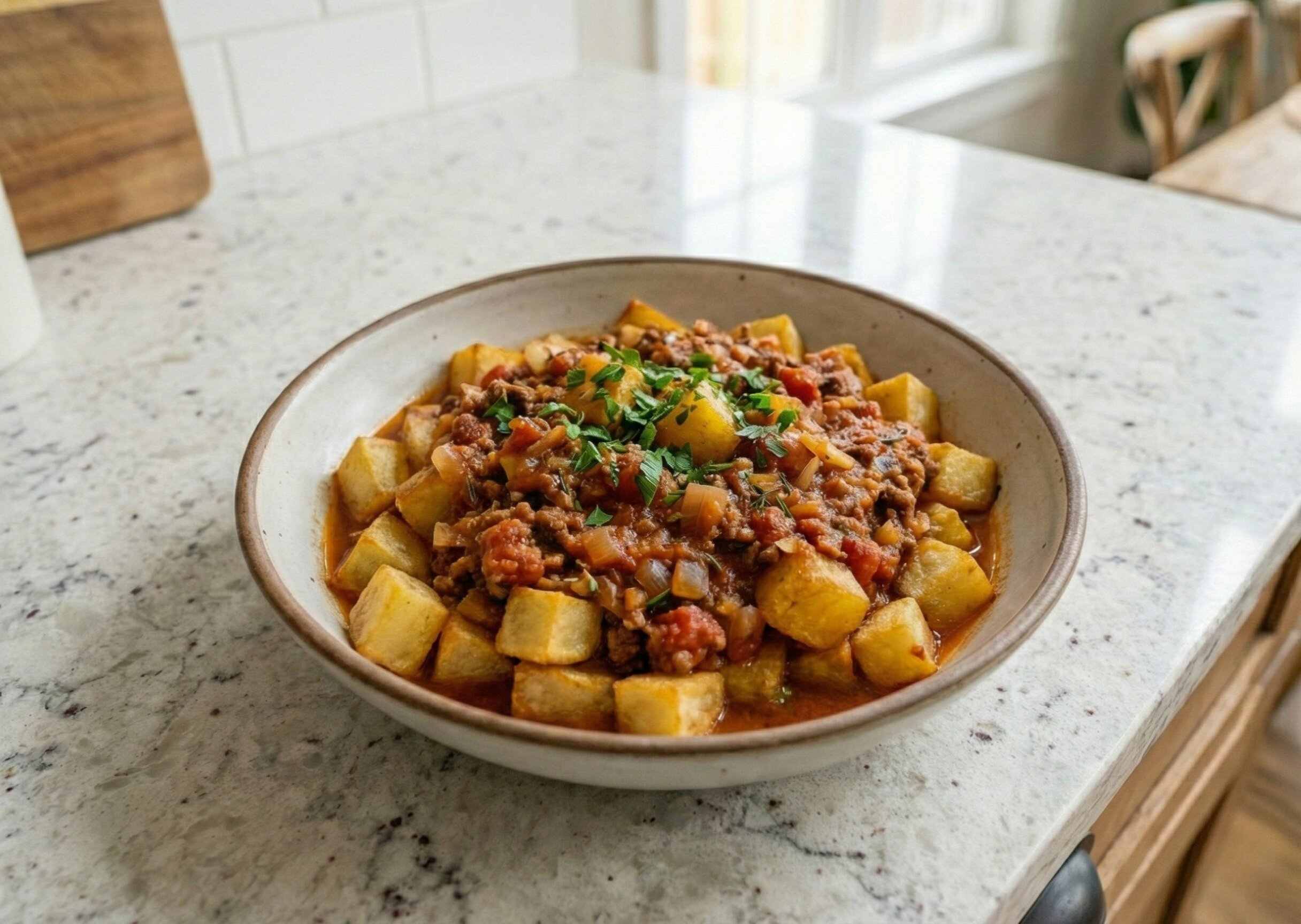 בולונז תפוחי אדמה, בקערת הגשה במטבח.