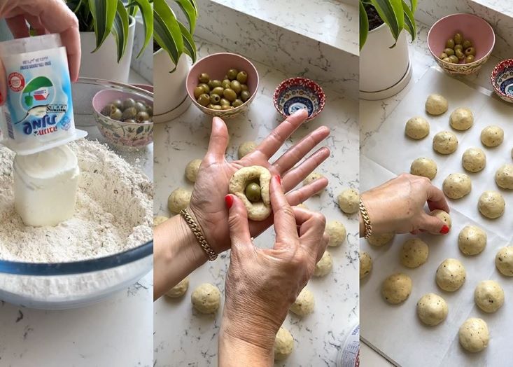 יוצרים כדורים קטנים ועם האצבע יוצרים גומה בכל כדור ומניחים בגומה זית.