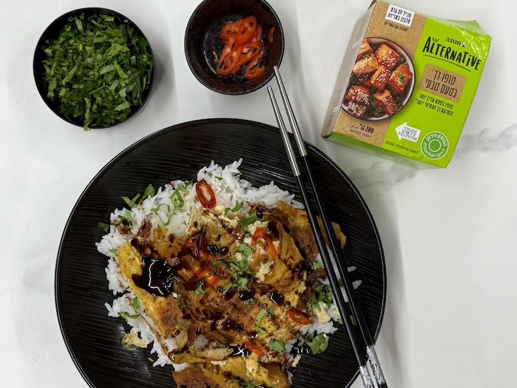 שווארמה דונר טופו עם טופו רך של אלטרנטיב, על מצע אורז לבן ומטבלים בצד.