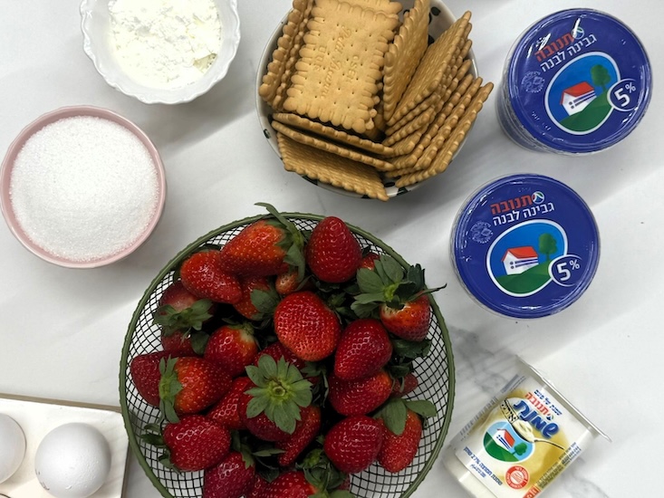 שלב 1 מצרכים: תותים, גבינה לבנה, שמנת חמוצה, ביצים סוכר ופתיבר.