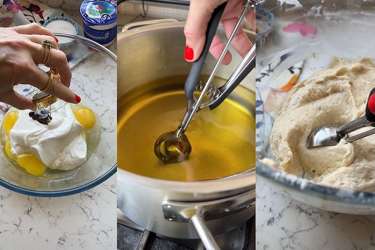 טובלים כף גלידה בשמן חם ולוקחים ״כדור״ מהבצק. מורידים את הבלילה מהכף במהירות, כדי לקבל צורה של כדור.