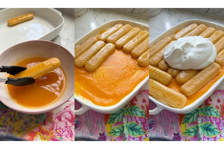 טובלים את בישקוטי במיץ המנגו ומסדרים בתבנית.