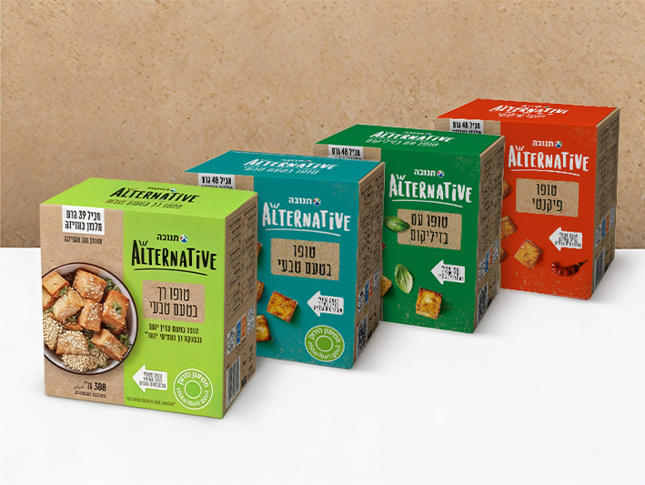 טופו רך בטעם טבעי, טופו בטעם טבעי, טופו עם בזיליקום וטופו פיקנטי. 