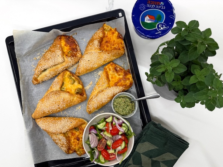 סמבוסק גבינה לבנה בקיפול קונוס, מוגש עם סלט ירקות.