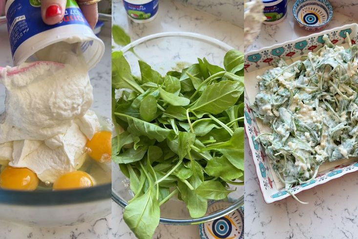 מערבבים את המצרכים: תרד, גבינה וביצים.