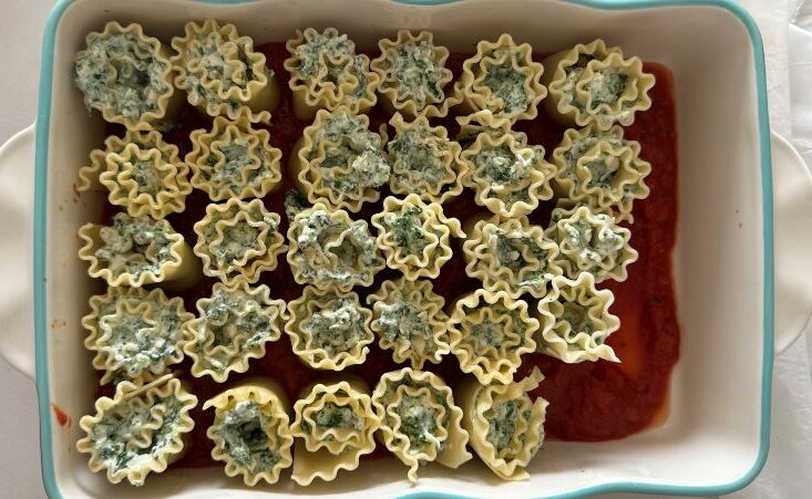 מניחים את שבלולי הפסטה בתוך התבנית עם רוטב העגבניות.