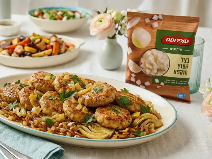 צלחת קציצות ואריזת בצל קצוץ מוקפא של סנפרוסט 