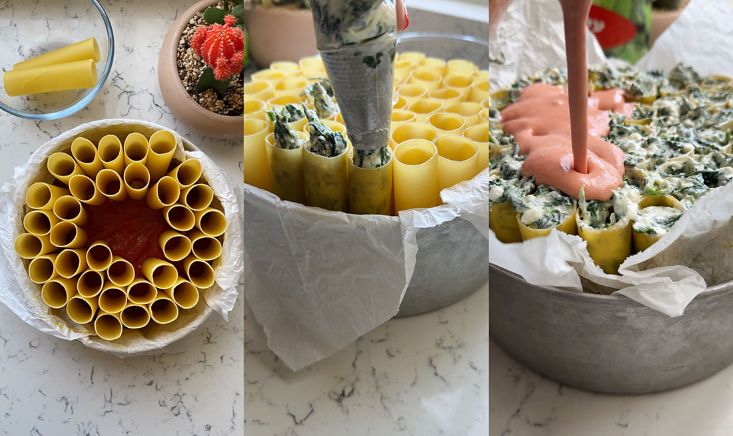 מסדרים את הקנלוני בעמידה בתבנית, ומזלפים את המילוי לתוך הפסטה. את רוטב העגבניות מוזגים על הפסטה.