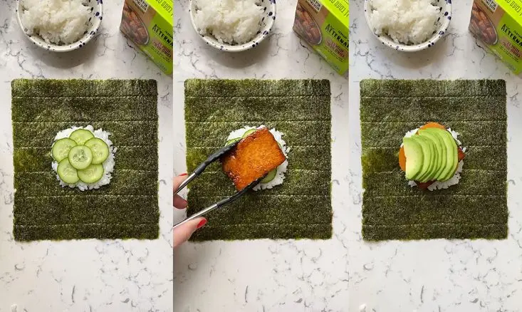 מניחים על האורז פרוסות מלפפונים, פרוסת טופו, בטטה ואבוקדו.